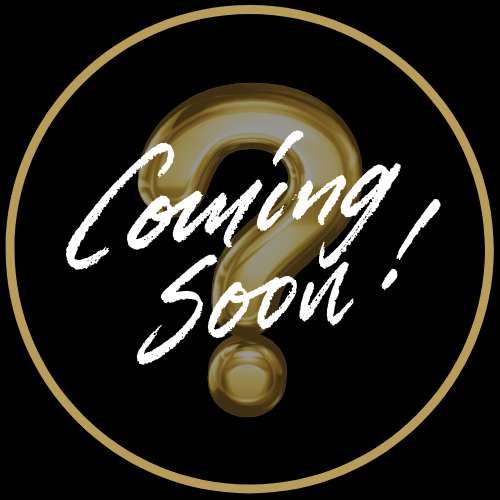Texte "Coming Soon!" sur fond noir avec un point d'interrogation doré.