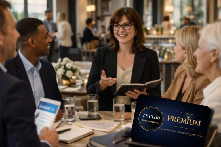 Une femme souriante avec un groupe de clients dans un restaurant.