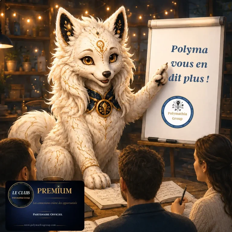 Polyma, mascotte Polymathia Group, en train de coacher trois personnes. POLYMA VOUS EN DIT PLUS, est écrit sur un paper board