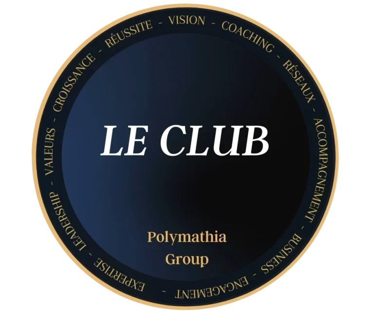 Logo Le Club Polymathia Group Logo de "Le Club" avec le texte en blanc sur fond noir, entouré de mots-clés.