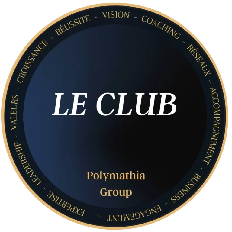 Logo LE CLUB Polymathia Group Logo du club Polymathia Group, mentionnant des thèmes comme la vision et le coaching.