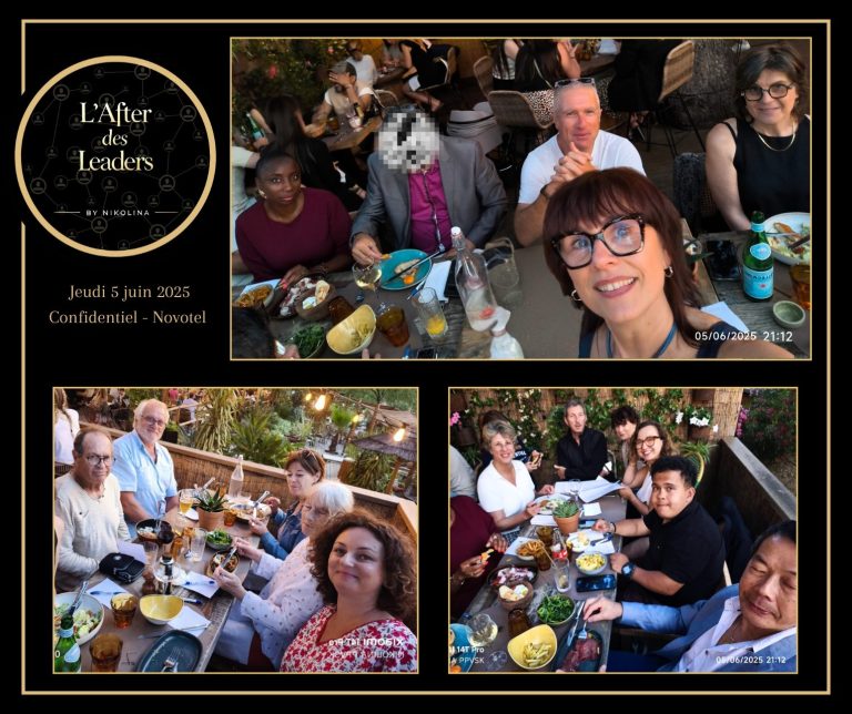 Dîner en plein air, convives souriants autour d'une table élégamment dressée.