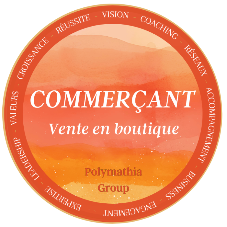 Rond orange avec le mot "Commerçant" et "Vente en boutique" au centre.