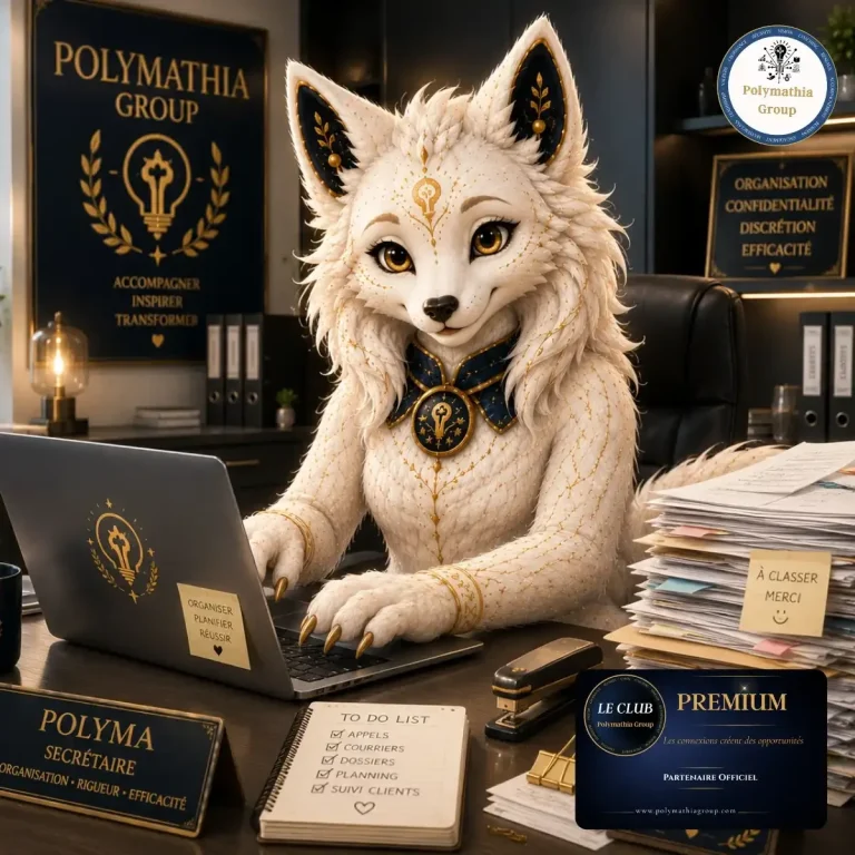 Polyma, mascotte Polymathia Group, Secrétaire Polyma, mascotte Polymathia Group, dans un bureau avec une pile de papiers à classer et un ordinateur