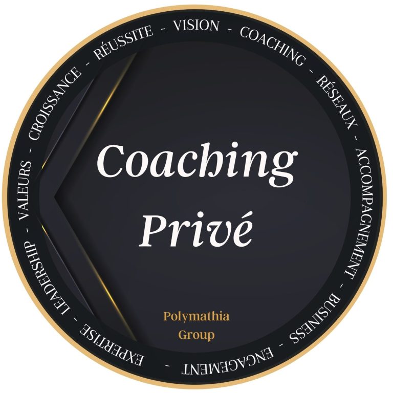 Polymathia Group - Coaching Privé Logo de Coaching Privé, Polymathia Group , avec texte sur fond noir, entouré de mots-clés liés au coaching.