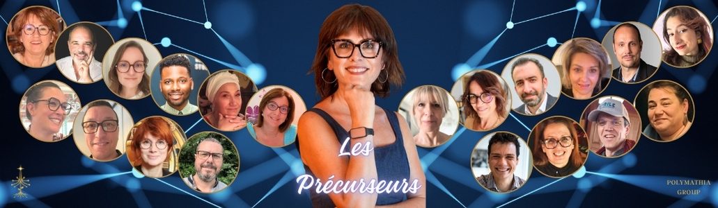 Les précurseurs du Réseau d'Affaires Polymathia Group Groupe de personnes souriantes, portraits sur fond bleu. Texte : "Les Pionniers du Partenaire".