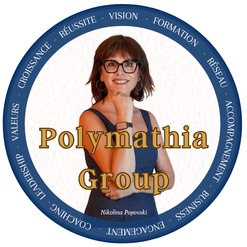 Logo Polymathia Group avec Nikolina Popovski - Femme souriante entourée de mots inspirants - Réseau, Formation, Réussite, Croissance, Vision