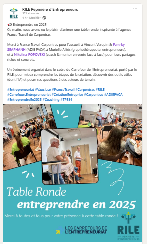 Réunion d'information sur l'entrepreneuriat en 2025 avec divers intervenants.