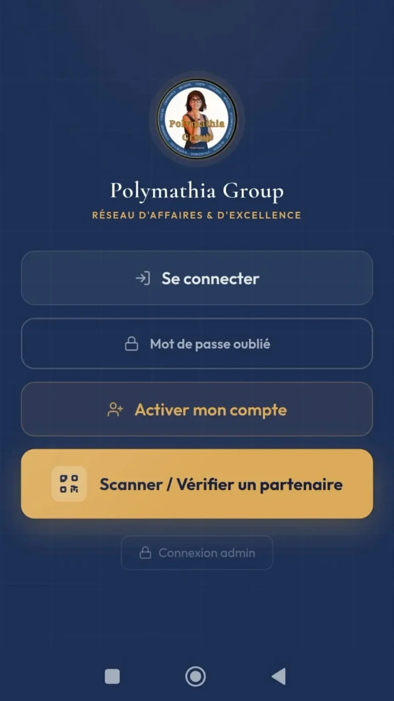 Application PREMIUM de Polymathia Group Application ClubPREMIUM de Polymathia Group couleur bleu nuit et écriture doré avec le logo Polymathia Group