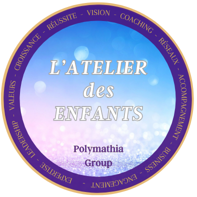 Logo de L'Atelier des Enfants, Polymathia Group, avec un design coloré et texturé.