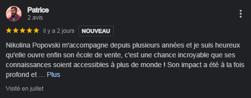 Commentaire positif sur une expérience enrichissante et accessible à tous de Nikolina Popovski sur Google