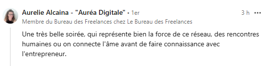Témoignage Aurélie Alcaina pour l'After des Leaders Évaluation positive, soulignant une expérience enrichissante et agréable d'un AfterWork des Leaders