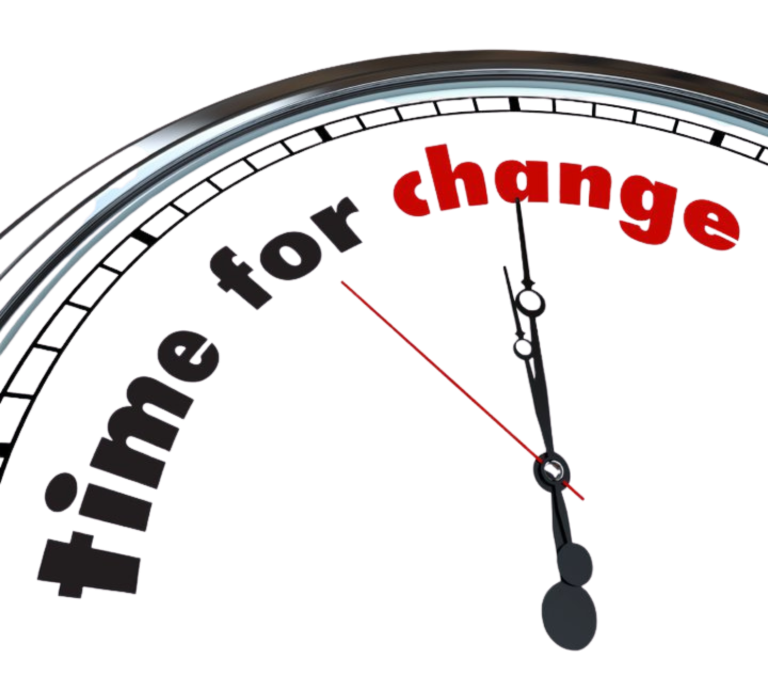 Horloge avec les mots "time for change", soulignant l'idée de changement.