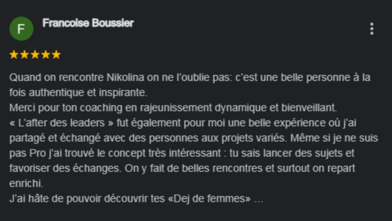 Évaluation d'une utilisatrice avec cinq étoiles pour Coaching et After des Leaders by Nikolina 