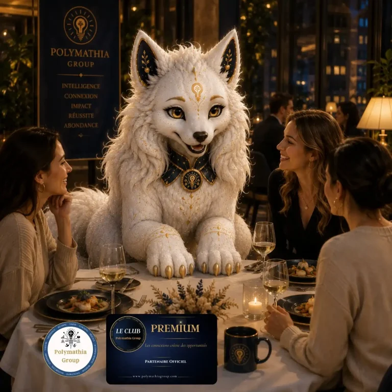 Polyma, mascotte Polymathia Group, au restaurant avec 3 amies souriantes
