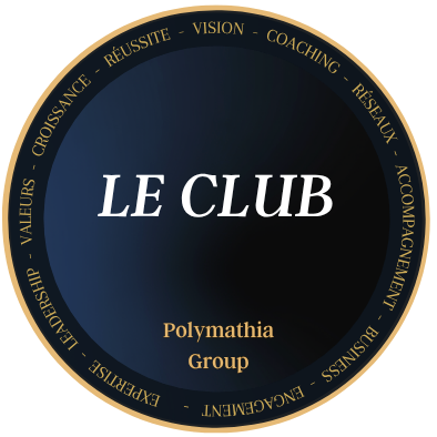 Logo Le Club Polymathia Group Logo de "Le Club" du groupe Polymathia, avec un cadre circulaire et des mots clés autour.