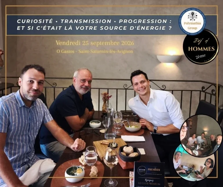 2ème Déj' d'Hommes vendredi 25 septembre 2026 restaurant O Gastos à Saint-Saturnin-lès-Avignon 3 hommes souriants au restaurant, et en médaillon 2 femmes qui ne sont pas à la même table, et un autre médaillon où ils sont réunis