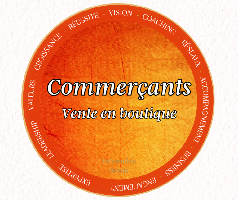 Logo coloré avec le mot "Commerçants" et la mention "Vente en boutique".