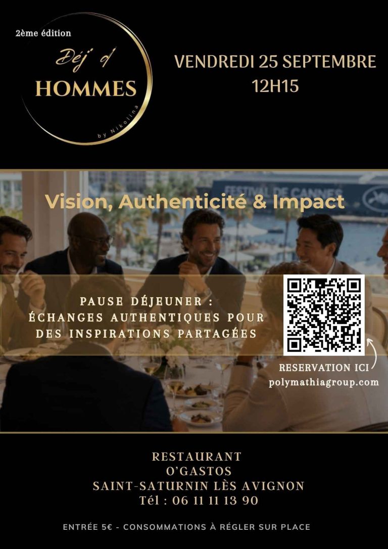 Déj' d'Hommes by Nikolina Invitation à un événement sur le thème de l'authenticité et de l'impact social.