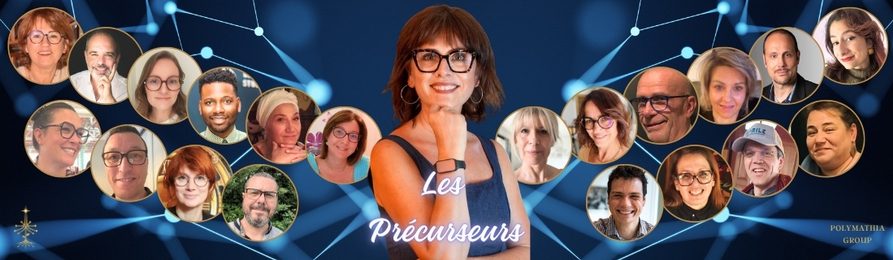Les précurseurs du Réseau d'Affaires Polymathia Group Groupe de personnes souriantes, portraits sur fond bleu. Les Partenaires Précurseurs Polymathia Group