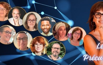 Nikolina Popovski et les Précurseurs Groupe de personnes souriantes sur fond technologique, représentant une communauté dynamique.