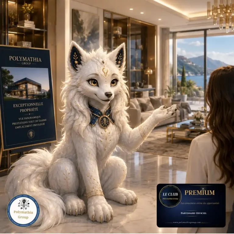 Polyma, mascotte Polymathia Group, agent immobilier en train de faire visiter une luxueuse maison à un couple