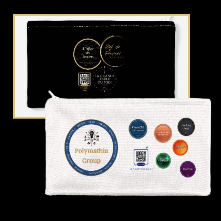 Trousse Polymathia Group Une trousse blanche avec un logo et des boutons de couleur sur un fond noir.