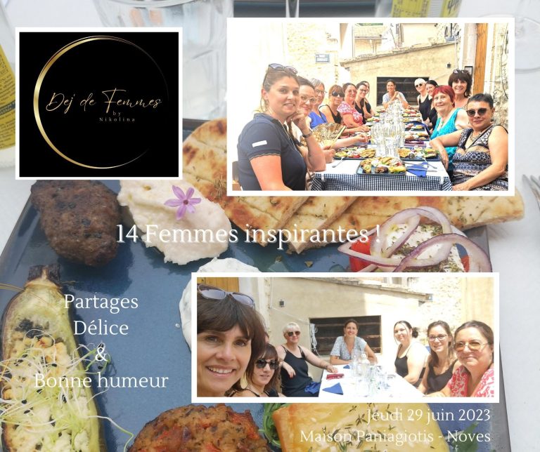 Repas convivial avec 14 femmes, plats variés sur une table en extérieur.