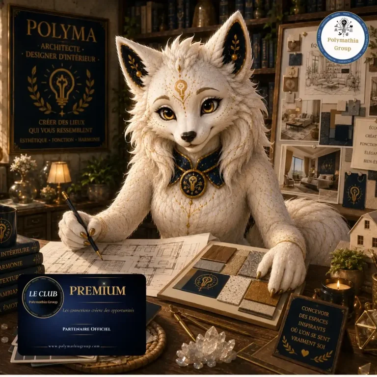 Polyma, mascotte Polymathia Group, en architecte d'intérieur dans un bureau avec des plans d'une maison 
