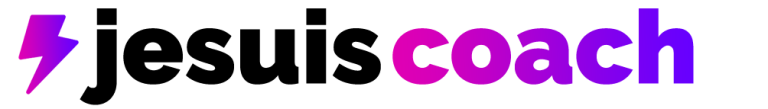 Logo avec le texte "jesuiscoach" en noir et violet, accompagné d'un éclair.