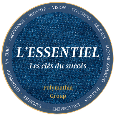 Polymathia Group - Formule Essentiel Logo avec le mot "Essentiel" Polymathia Group et des termes liés au coaching et aux valeurs.