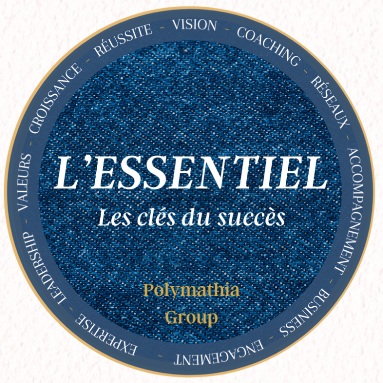 Logo avec le mot "Essentiel" Polymathia Group et des termes liés au coaching et aux valeurs.